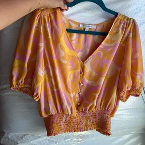 Rose+Olive silk blouse, size:medium, vibrant orange and pink, sinched waistband